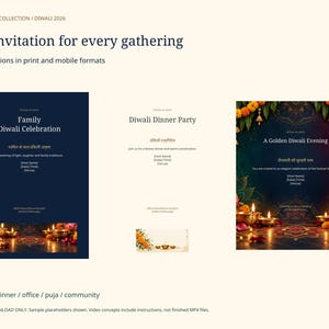 Puede incluir: Una colecci&oacute;n digital de plantillas de invitaci&oacute;n para Diwali que presenta tres dise&ntilde;os distintos con fondos azul oscuro y crema, acentos florales y l&aacute;mparas de aceite encendidas. El texto incluye t&iacute;tulos como Family Diwali Celebration, Diwali Dinner Party y A Golden Diwali Evening con marcadores de posici&oacute;n para los detalles del evento.