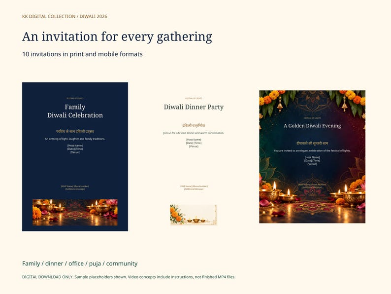 Puede incluir: Una colecci&oacute;n digital de plantillas de invitaci&oacute;n para Diwali que presenta tres dise&ntilde;os distintos con fondos azul oscuro y crema, acentos florales y l&aacute;mparas de aceite encendidas. El texto incluye t&iacute;tulos como Family Diwali Celebration, Diwali Dinner Party y A Golden Diwali Evening con marcadores de posici&oacute;n para los detalles del evento.