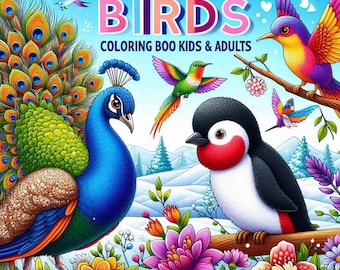 Puede incluir: Ilustración colorida para la portada de un libro para colorear, titulado "50 Beautiful Birds". La imagen presenta un pavo real, un ave parecida a un pingüino y otras aves con plumaje vibrante. El fondo incluye flores y un paisaje nevado.