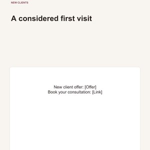 May include: A digital document with a light beige background featuring the text KK DIGITAL STUDIO, NEW CLIENTS, and A considered first visit. A central white rectangular box contains the text New client offer: [Offer] Book your consultation: [Link].