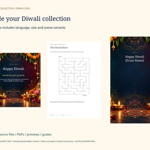 Puede incluir: Una colecci&oacute;n digital de recursos con tem&aacute;tica de Diwali que incluye 538 p&aacute;ginas de archivos fuente editables, PDF y vistas previas. La muestra incluye una tarjeta de felicitaci&oacute;n cuadrada, una hoja de actividades de laberinto y una tarjeta vertical.