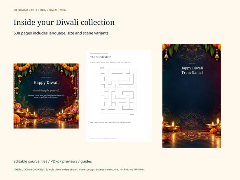 Puede incluir: Una colecci&oacute;n digital de recursos con tem&aacute;tica de Diwali que incluye 538 p&aacute;ginas de archivos fuente editables, PDF y vistas previas. La muestra incluye una tarjeta de felicitaci&oacute;n cuadrada, una hoja de actividades de laberinto y una tarjeta vertical.