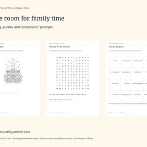 Puede incluir: Una colecci&oacute;n digital de 25 p&aacute;ginas de actividades imprimibles de Diwali que incluye una hoja para colorear con un diya, una sopa de letras y un cart&oacute;n de bingo. El texto incluye 'Make room for family time', 'Colour a Diya', 'Diwali Word Search'.