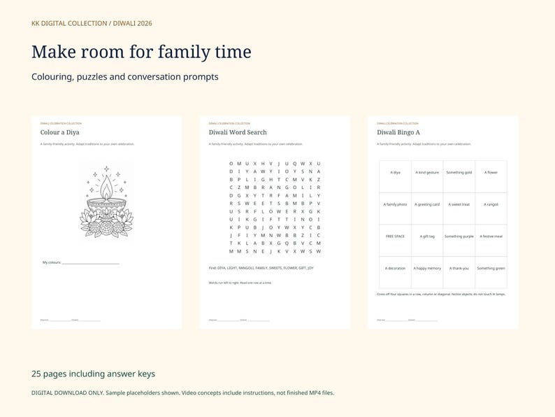 Puede incluir: Una colecci&oacute;n digital de 25 p&aacute;ginas de actividades imprimibles de Diwali que incluye una hoja para colorear con un diya, una sopa de letras y un cart&oacute;n de bingo. El texto incluye 'Make room for family time', 'Colour a Diya', 'Diwali Word Search'.