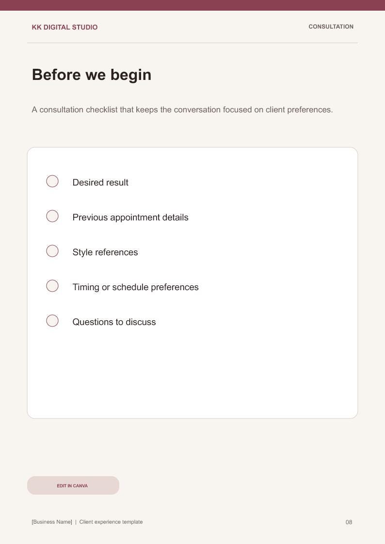 Puede incluir: Un documento de lista de verificaci&oacute;n de consulta titulado Before we begin por KK Digital Studio. Presenta una lista de cinco elementos: Desired result, Previous appointment details, Style references, Timing or schedule preferences y Questions to discuss.
