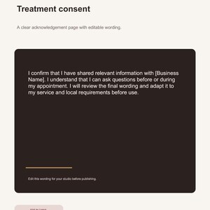 May include: A digital treatment consent form template featuring the text KK DIGITAL STUDIO, CONSENT, Treatment consent, and a dark brown box containing editable text regarding appointment information, plus an EDIT IN CANVA button at the bottom.