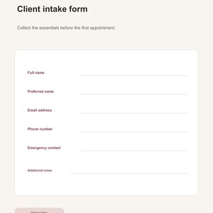 May include: A digital client intake form template with a cream background and dark text. The header reads KK DIGITAL STUDIO and NEW CLIENT. The form includes fields for full name, preferred name, email address, phone number, emergency contact, and additional notes. A button labeled EDIT IN CANVA is at the bottom.