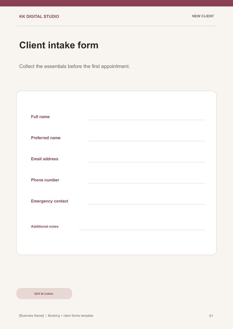 May include: A digital client intake form template with a light beige background and dark text. The document includes fields for full name, preferred name, email address, phone number, emergency contact, and additional notes, with an edit button.