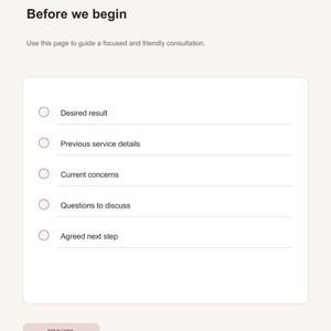 May include: A digital consultation form template titled Before we begin with the text KK DIGITAL STUDIO and CONSULTATION at the top. It features a checklist with items: Desired result, Previous service details, Current concerns, Questions to discuss, and Agreed next step, with an EDIT IN CANVA button at the bottom.