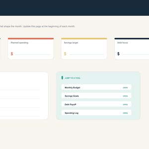 Puede incluir: Una p&aacute;gina de panel financiero digital titulada MoneyMap con secciones para ingresos, gastos planificados, objetivo de ahorro y enfoque en deuda. Incluye una lista de prioridades mensuales y un men&uacute; de herramientas para presupuesto y ahorro.