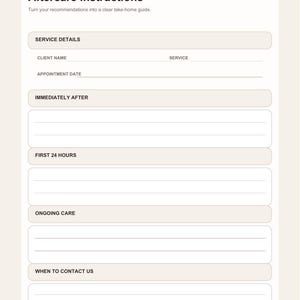 May include: A beige Beauty Business Mini Kit template featuring Aftercare Instructions with sections for Service Details, Client Name, Service, Appointment Date, Immediately After, First 24 Hours, Ongoing Care, and When to Contact Us with lines.