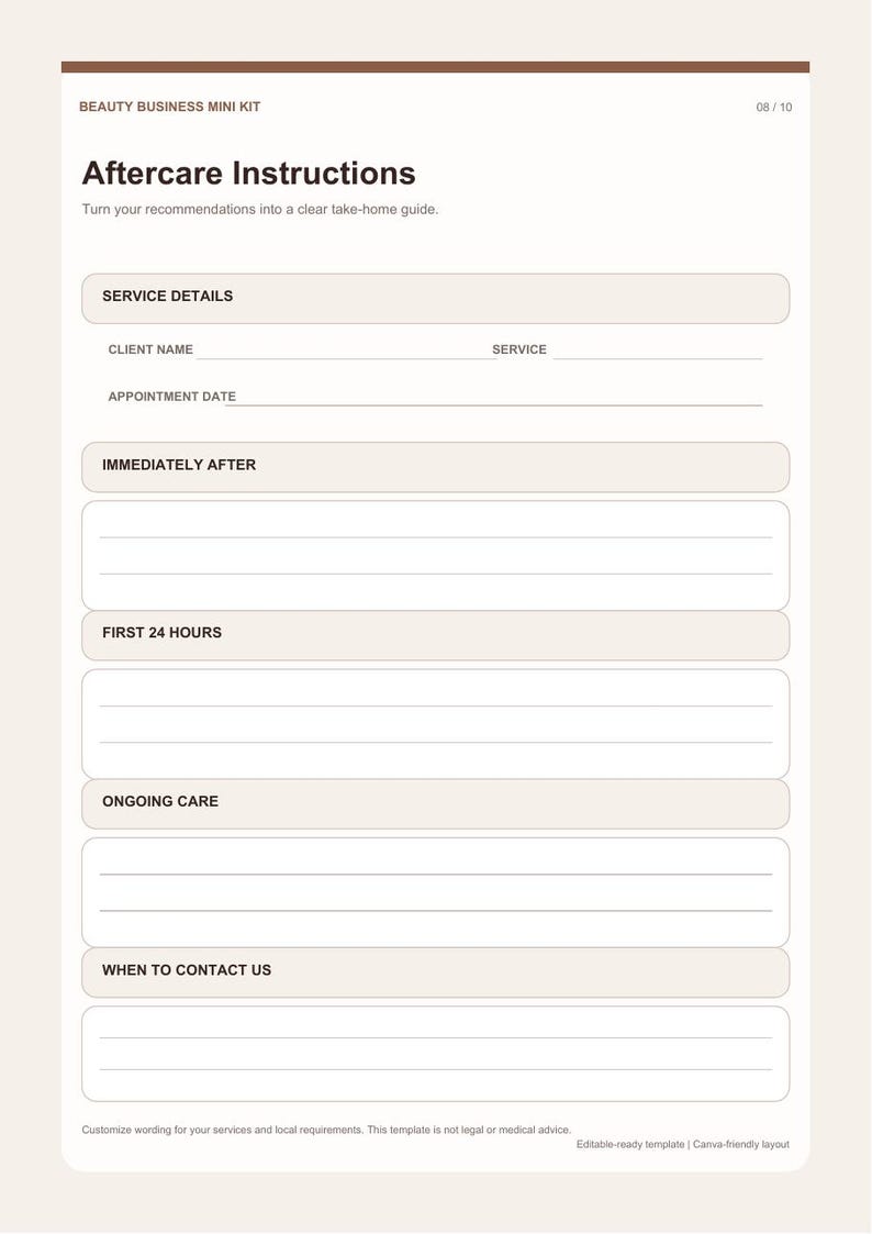 May include: A beige Beauty Business Mini Kit template featuring Aftercare Instructions with sections for Service Details, Client Name, Service, Appointment Date, Immediately After, First 24 Hours, Ongoing Care, and When to Contact Us with lines.