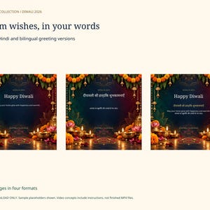 Puede incluir: Una colecci&oacute;n digital de plantillas de felicitaci&oacute;n de Diwali con tres dise&ntilde;os cuadrados que muestran guirnaldas de cal&eacute;ndulas, l&aacute;mparas de aceite encendidas y flores de loto. El texto incluye Happy Diwali y escritura hindi en cuatro formatos.