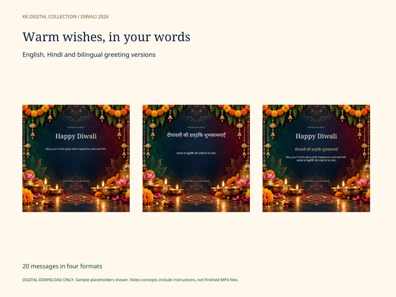 Puede incluir: Una colecci&oacute;n digital de plantillas de felicitaci&oacute;n de Diwali con tres dise&ntilde;os cuadrados que muestran guirnaldas de cal&eacute;ndulas, l&aacute;mparas de aceite encendidas y flores de loto. El texto incluye Happy Diwali y escritura hindi en cuatro formatos.