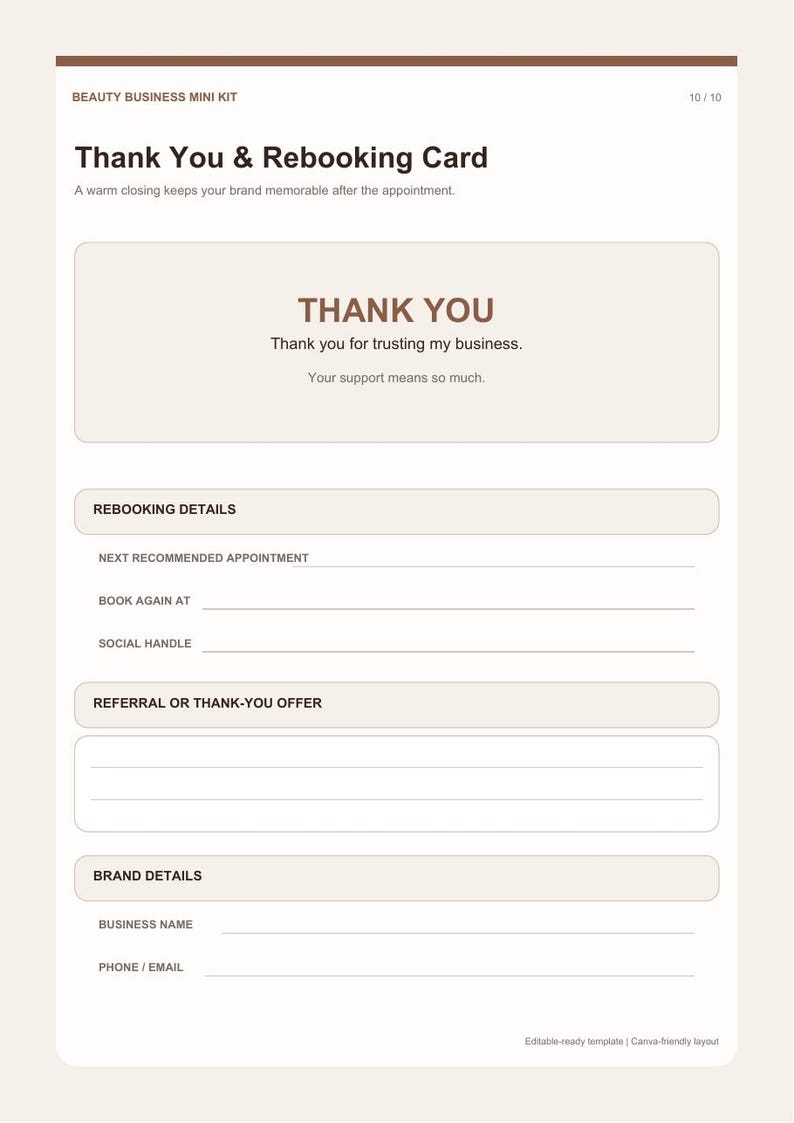 May include: A Thank You & Rebooking Card template featuring a beige background with brown text. The card includes sections for rebooking details, next appointment, social handle, referral offers, and business contact information for beauty services.