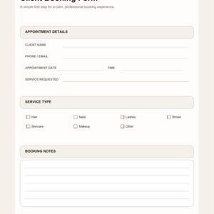 May include: A Beauty Business Mini Kit client booking form template with dark brown text on a light beige background. It includes sections for appointment details, service types like hair, nails, lashes, brows, skincare, and makeup, and booking notes.