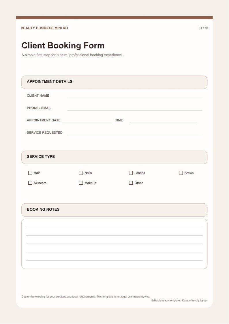 May include: A Beauty Business Mini Kit client booking form template with dark brown text on a light beige background. It includes sections for appointment details, service types like hair, nails, lashes, brows, skincare, and makeup, and booking notes.