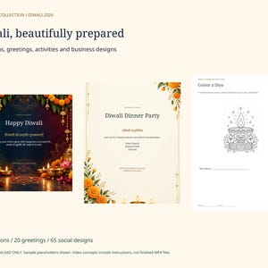 Puede incluir: Una colecci&oacute;n digital para Diwali 2026 que incluye invitaciones, saludos y actividades. El conjunto contiene una tarjeta de felicitaci&oacute;n festiva oscura con diyas encendidas, una invitaci&oacute;n a una cena color crema y una p&aacute;gina para colorear de una diya.