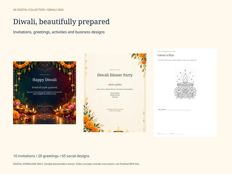 Puede incluir: Una colecci&oacute;n digital para Diwali 2026 que incluye invitaciones, saludos y actividades. El conjunto contiene una tarjeta de felicitaci&oacute;n festiva oscura con diyas encendidas, una invitaci&oacute;n a una cena color crema y una p&aacute;gina para colorear de una diya.
