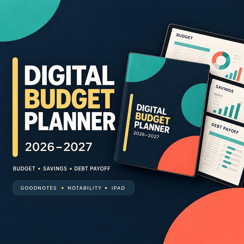 Puede incluir: Un planificador de presupuesto digital 2026-2027 con cubierta azul oscuro, acentos circulares turquesa y naranja, texto amarillo y una l&iacute;nea vertical amarilla. Se muestra junto a pantallas de tabletas con gr&aacute;ficos de presupuesto y ahorro.