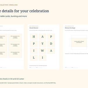 Puede incluir: Una colecci&oacute;n digital de hojas imprimibles para Diwali 2026, que incluye etiquetas de regalo, una pancarta con las letras H A P P Y D I W A L I y una plantilla para un sobre de dinero. Las hojas incluyen instrucciones para cortar y ensamblar.