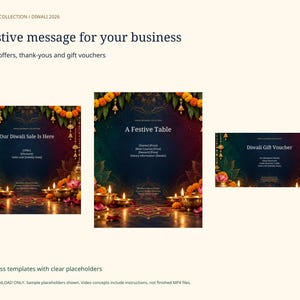 Puede incluir: Una colecci&oacute;n de plantillas comerciales digitales para Diwali 2026, con marcadores de posici&oacute;n de texto editables para ofertas, men&uacute;s y vales de regalo. Los dise&ntilde;os incluyen fondos azul oscuro con guirnaldas de cal&eacute;ndula naranja y l&aacute;mparas de aceite de lat&oacute;n encendidas.