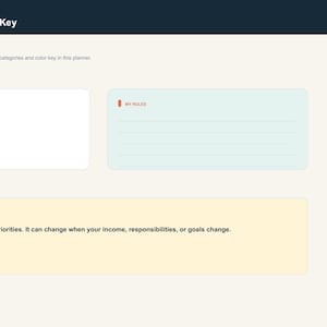 Puede incluir: Una p&aacute;gina de planificador digital titulada MoneyMap Quick Reference and Key, con una leyenda codificada por colores para Plan, Cashflow, Saving, Debt, Track y Review. Incluye una secci&oacute;n My Rules, un cuadro Remember y un men&uacute; lateral.