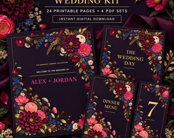 Set di cartelli e partecipazioni per matrimoni a tema "Giardino di Mezzanotte" / 24 pagine stampabili