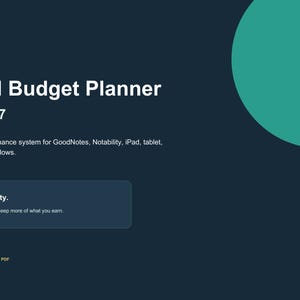 Puede incluir: Un planificador de presupuesto digital azul oscuro para 2026-2027 titulado MoneyMap. Presenta una l&iacute;nea vertical amarilla, un c&iacute;rculo verde azulado y un c&iacute;rculo naranja. El texto incluye: A calm, practical finance system for GoodNotes, Notability, iPad, tablet, and printable workflows. Plan with clarity. Track what matters. Keep more of what you earn.
