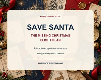 Gioco di fuga natalizio stampabile: salva Babbo Natale, puzzle per le feste, attività per famiglie, bambini e ragazzi.