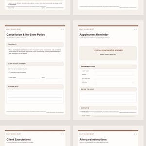 May include: A collection of ten printable beauty business forms on white paper with brown headers. The documents include a client booking form, consultation form, client details, deposit policy, cancellation policy, appointment reminder, client expectations, aftercare instructions, follow-up feedback, and a thank you card.