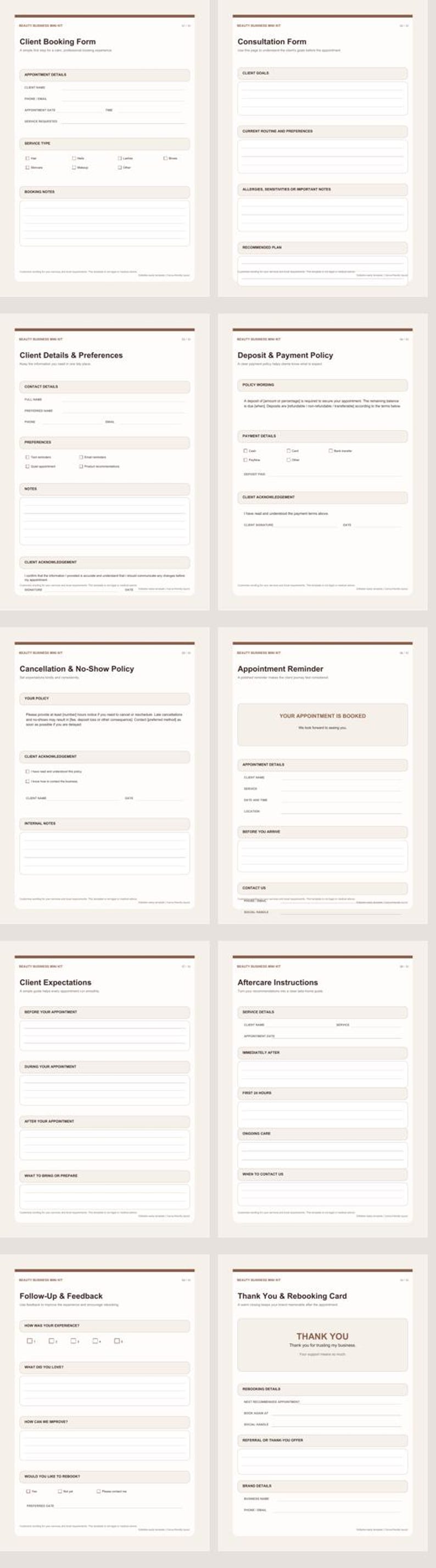 May include: A collection of ten printable beauty business forms on white paper with brown headers. The documents include a client booking form, consultation form, client details, deposit policy, cancellation policy, appointment reminder, client expectations, aftercare instructions, follow-up feedback, and a thank you card.