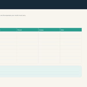 Puede incluir: Una p&aacute;gina de planificador presupuestario digital titulada MoneyMap Fixed Expenses con encabezado oscuro, fondo crema y una tabla verde azulado con columnas para Expenses, Due date, Planned, Autopay y Notes. Un cuadro azul claro de Quick note.