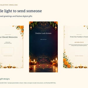 Puede incluir: Una colecci&oacute;n de 14 dise&ntilde;os de regalos digitales para Diwali 2026, con tarjetas de felicitaci&oacute;n color crema con bordes de flores de cal&eacute;ndula y l&aacute;mparas diya, junto a un dise&ntilde;o de pantalla de bloqueo festivo azul oscuro con l&aacute;mparas.