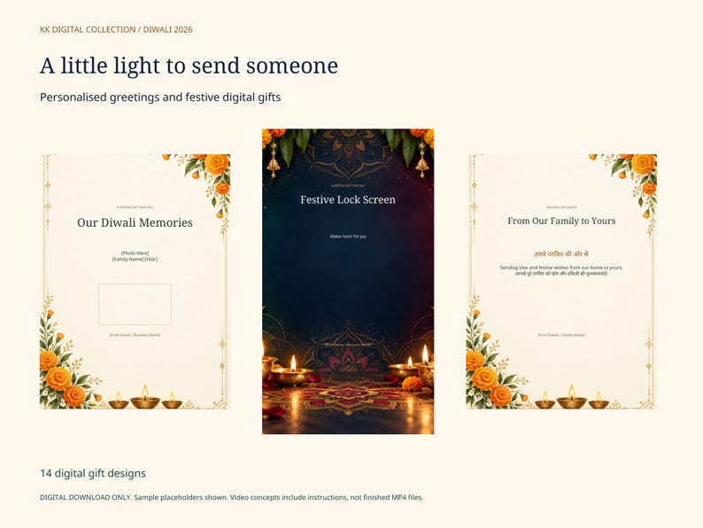 Puede incluir: Una colecci&oacute;n de 14 dise&ntilde;os de regalos digitales para Diwali 2026, con tarjetas de felicitaci&oacute;n color crema con bordes de flores de cal&eacute;ndula y l&aacute;mparas diya, junto a un dise&ntilde;o de pantalla de bloqueo festivo azul oscuro con l&aacute;mparas.