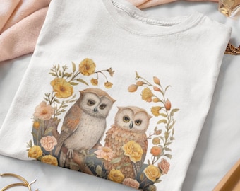 Owl Duo Floral Circle Tshirt, Nature's Charm Tee with Pink and Yellow Roses, Soft Cotton Unisex Shirt, Gift for Nature Lovers