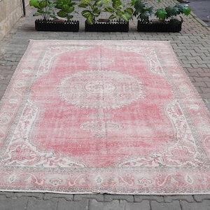 Pink One of a kind Antique Handmade Vintage Turkish Area Oushak Carpet Rug 7x11