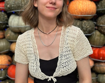 Handmade Crochet Bolero Cotton Summer Shrug Lightweight Short Sleeve Cardigan Open Front Boho Cover Up Cream Crochet Topper Mesh Front Tie
