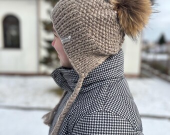 Woolen bonnet beanie knit Voluminous bonnet with pom pom and braided ties man woman teenager Knitted Stylish handmade bonnet knit toque soft