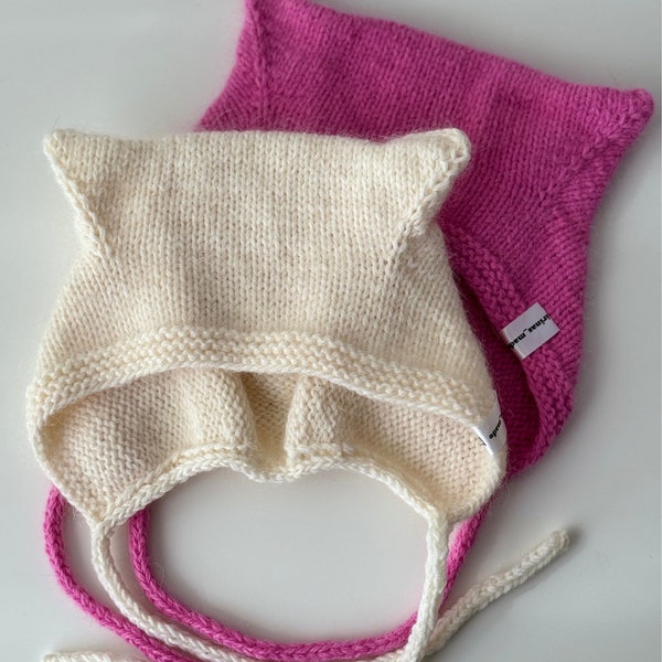 Süße Baby-Mini-Handstrickmütze KITTY für kleine Mädchen, rosa und weiß, warme handgefertigte Mütze