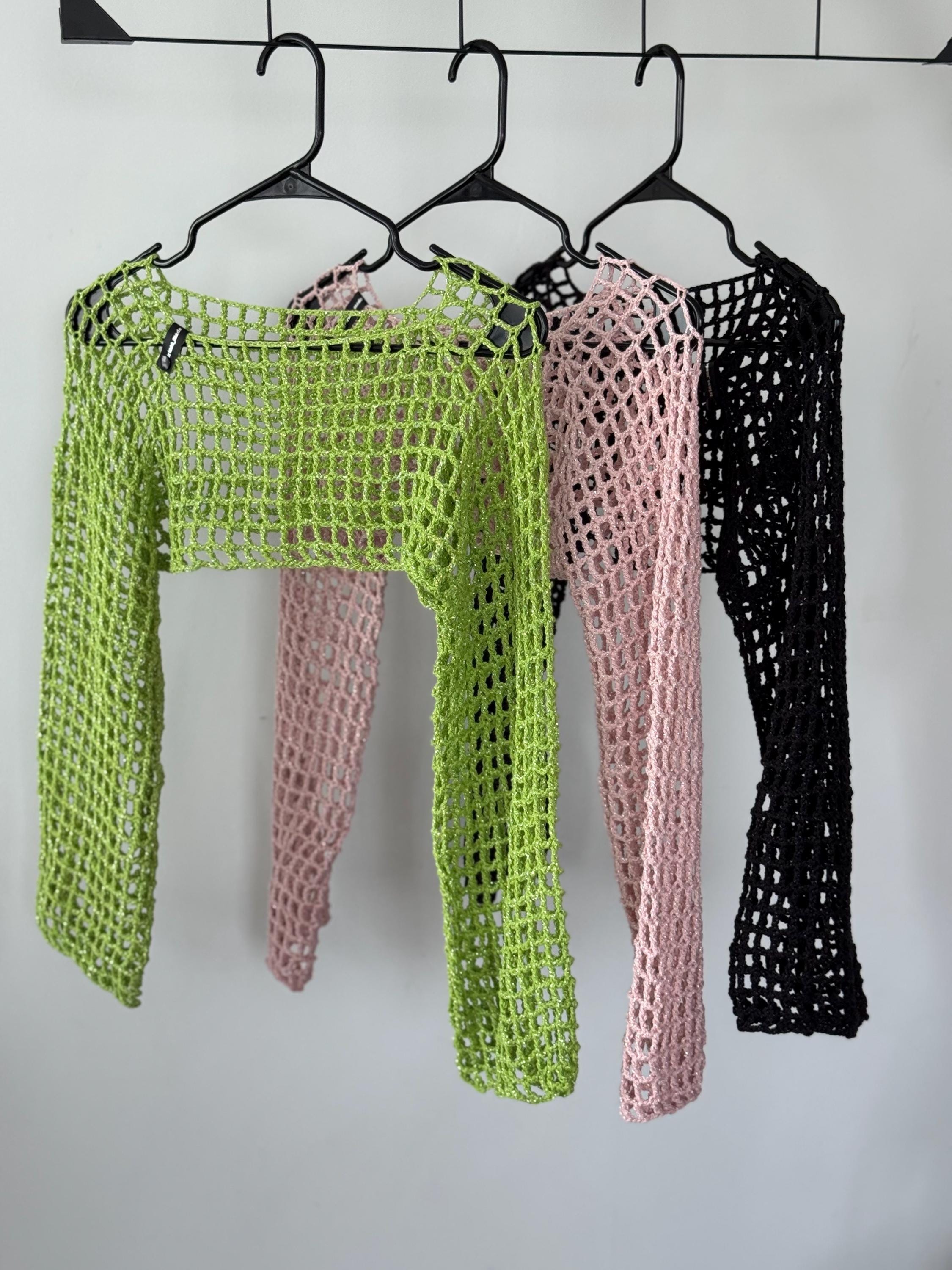 Handmade Crochet Mesh Shrug | Cotton Lurex Long Sleeve Bolero | Lightweight Summer Shrug – S/M – Pink, Green, Black- Fishnet Top - Summer