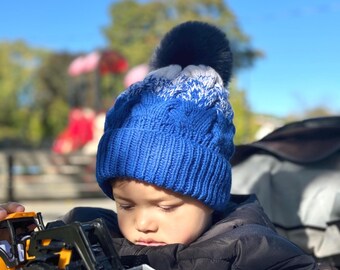 Winter beanie boy girl children pompom Knitted halfwool for kids Braid pattern handmade beanie double winter hat with twist for cold winter
