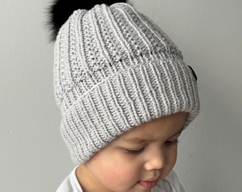 Winter hat toddler boy girl double semi wool knitted bonnet with pompom woolen kids children grey handmade hat soft cozy unisex baby beanie