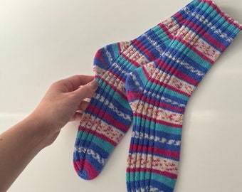 Colourful warm knit woolen socks handcrafted beautiful pattern winter accessories knitted
