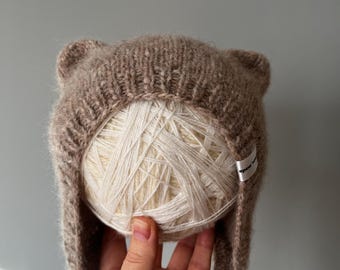 Bear or Bunny hat for toddler Alpaca wool baby handknitted hat Bear ears with ties Warm baby boy girl cap cute hat for little kid easter