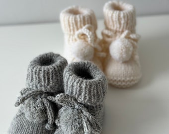 Knitted baby booties handmade baby shoes baby socks handknit knits for boy for girl gift idea for little one with pompom christmas gift idea
