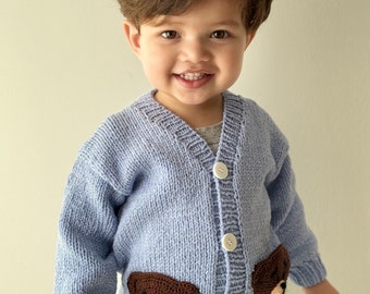 Knitted cardigan for boy BEAR stylish warm sweater with pockets and buttons for baby blue merino wool