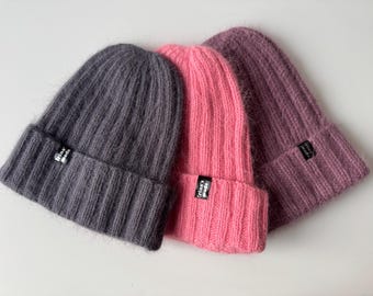 Hand Knit Angora Beanie Women Soft Fuzzy Winter Hat Warm Ribbed Knit Hat Gift for Her Pink Gray Purple Beanies Toque Canada Handmade Thin