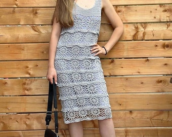 Handmade Crochet Dress Cotton and Lurex Summer Midi Dress Boho Sleeveless Lace Dress Shimmery Light Grey Outfit for Women Mesh Dress Evening
