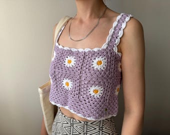 Daisy Crop Top Handmade Crochet 100% Cotton Lilac Summer Tank Floral Granny Square Top Boho Festival Outfit XS Size Woman Teenager Tank Top